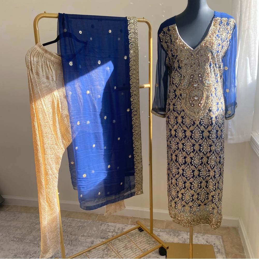 Blue and Gold Embellished Dress with Matching Scarf shalwar kameez heavy